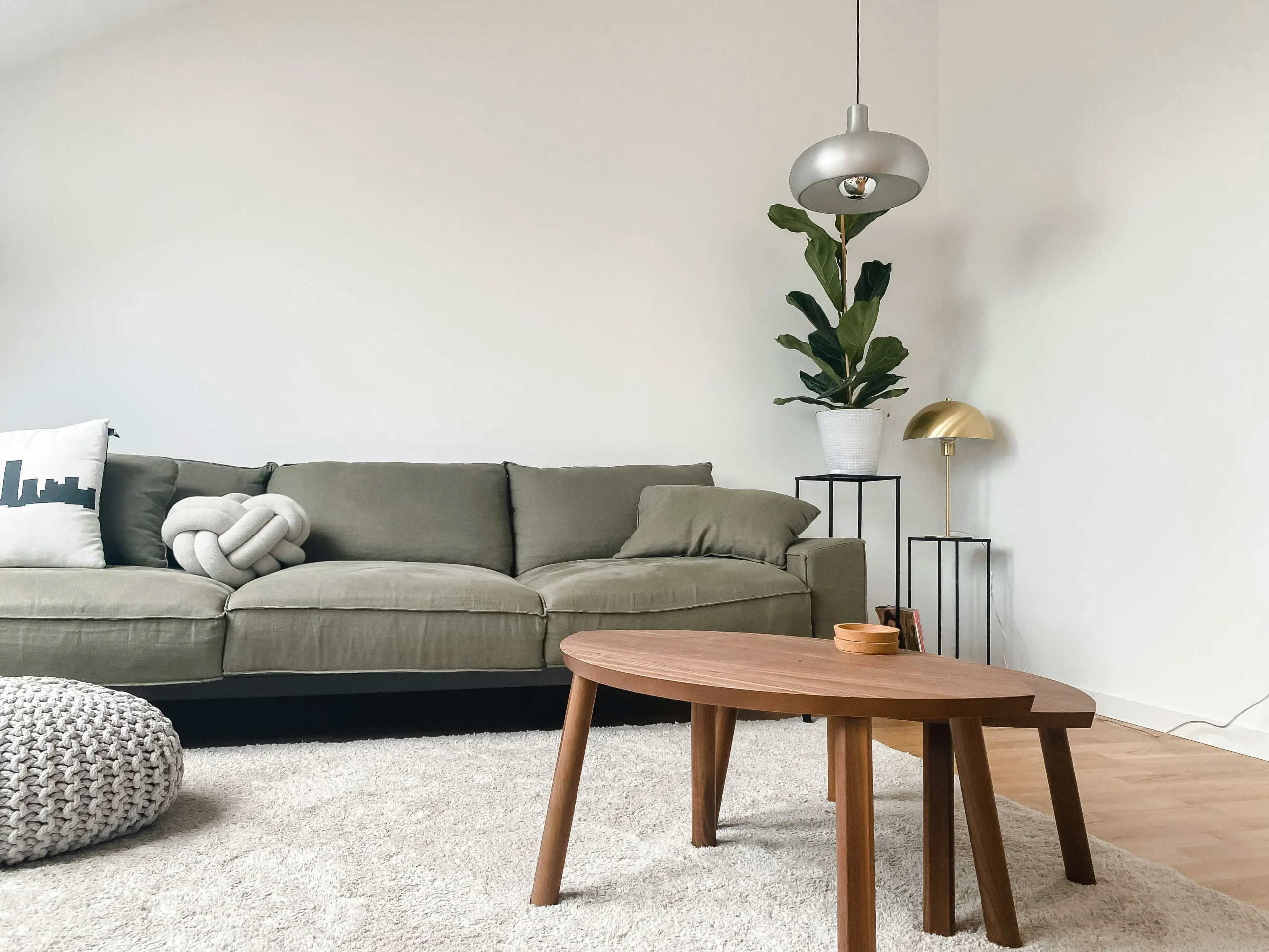 Rincón de estar con sofá verde salvia, mesa ovalada de nogal y alfombra blanca de pelo