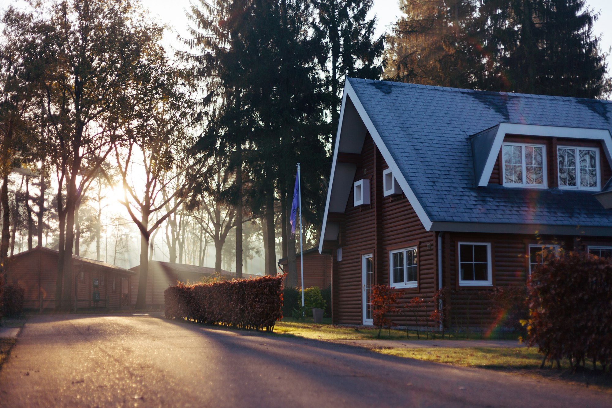 Casa de madera con tejado de pizarra entre árboles, con la luz del amanecer