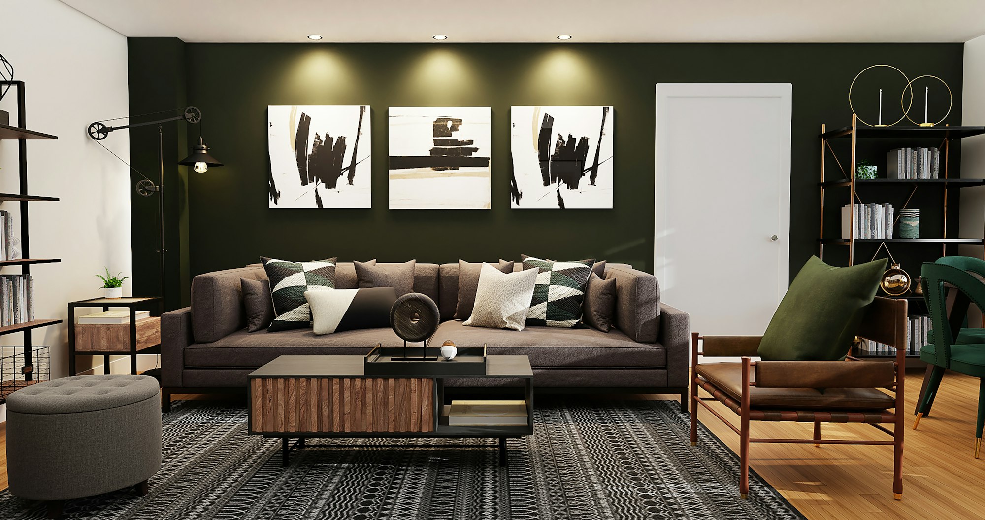 Salón con pared verde oscuro, sofá marrón, láminas en blanco y negro y una butaca de madera