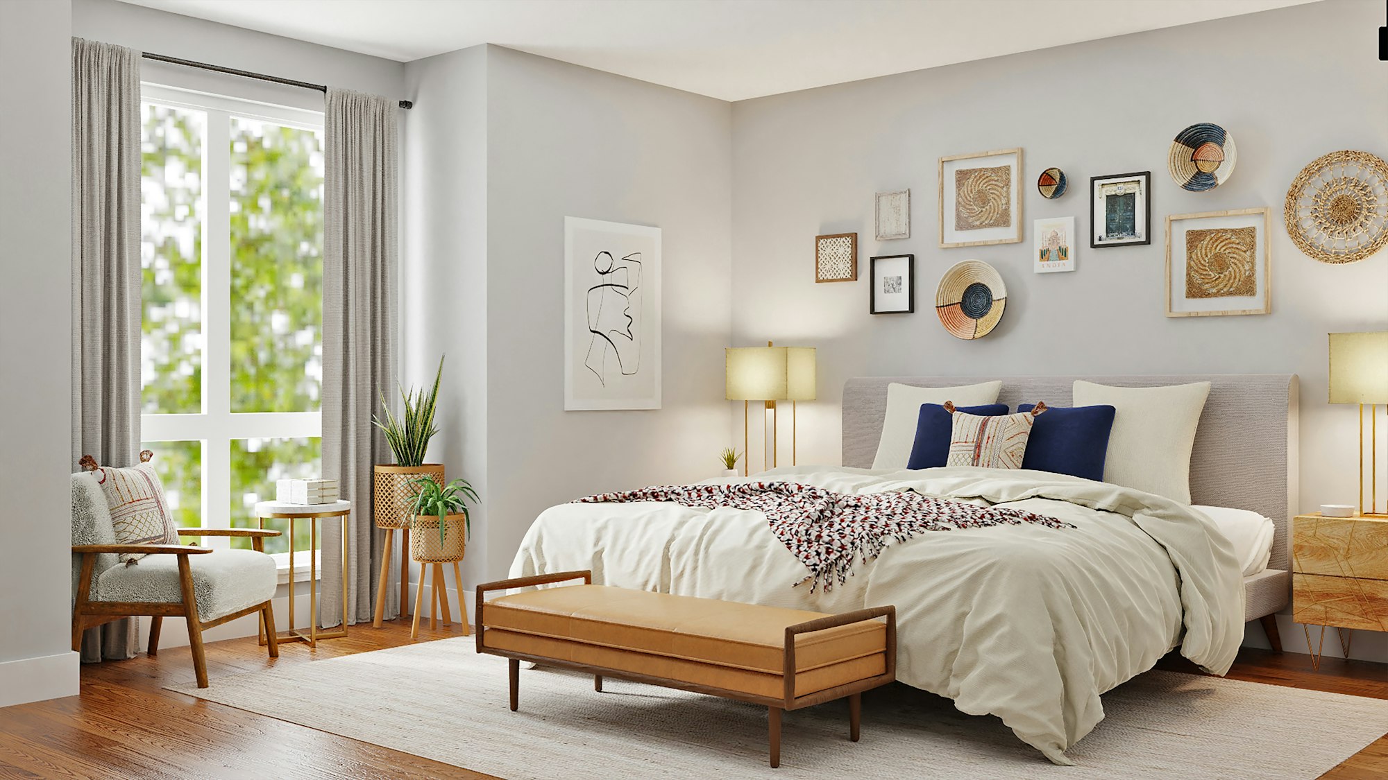 Dormitorio con banco de madera a los pies de la cama, cojines azul marino y piezas de fibras naturales en la pared
